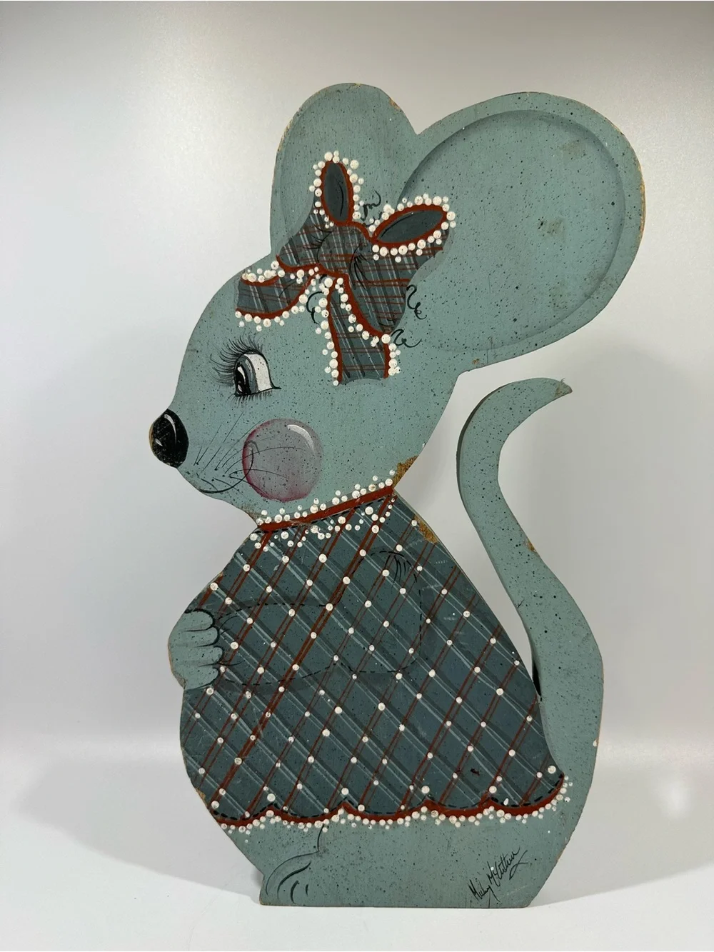 Vintage Signed Blue Folk Art Mouse Doorstop Country Primitive Handmade Whimsical